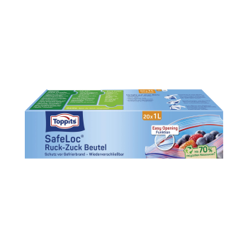 Toppits Gefrierbeutel Ruck-Zuck 1 Liter, wiederverschließbar, 20 Stück Produktbild, Vorderseite der Verpackung